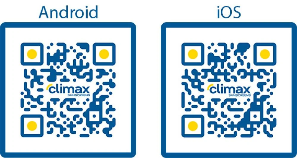 Zwei QR-Codes für Android und iOS zum Download der CLIMAX Beschattung App.