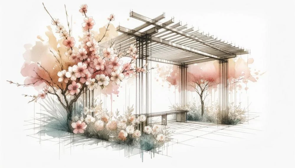 Skizze einer Pergola mit blühenden Bäumen und Blumen in sanften Pastell-Aquarelltönen - Frühlingsstimmung.