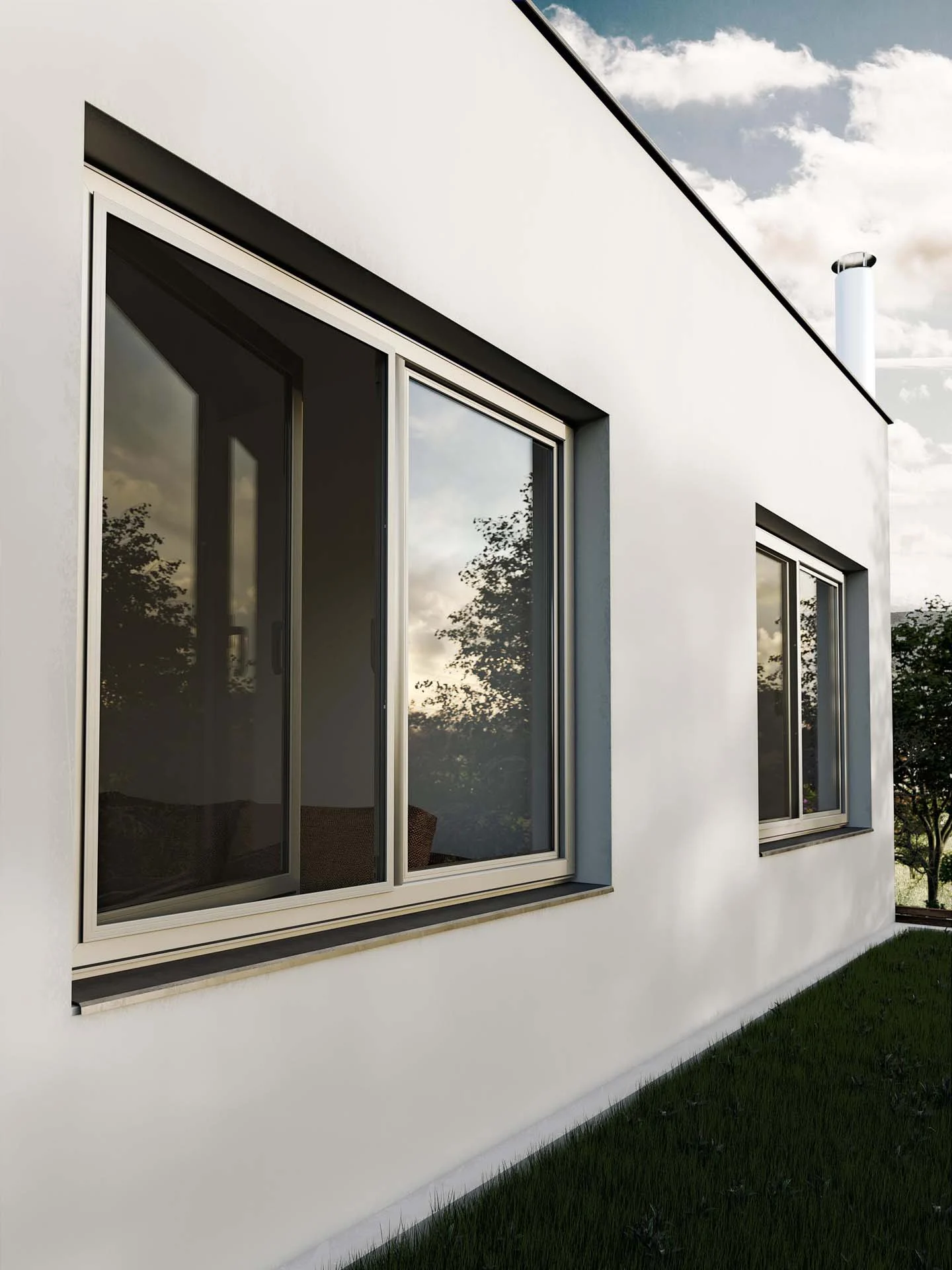 Modernes weißes Gebäude mit großen Fenstern, in denen sich Bäume und Himmel spiegeln, Gras im Vordergrund. Modernes weißes Gebäude mit großen Fenstern, in denen sich Bäume und Himmel spiegeln, Gras im Vordergrund.