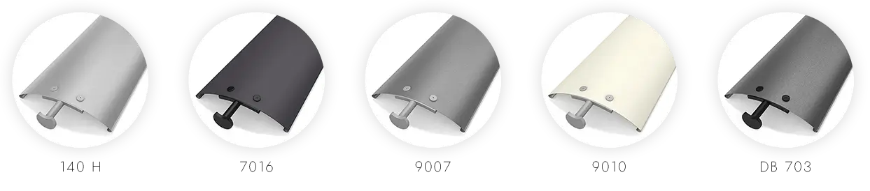 Fünf Fahrradständer in verschiedenen Farben: silber, schwarz, grau, weiß und dunkelgrau.