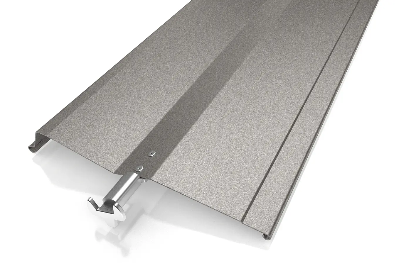 Eine Metalldacheindeckung mit verdeckter Befestigungsklammer und Stehfalzprofil.