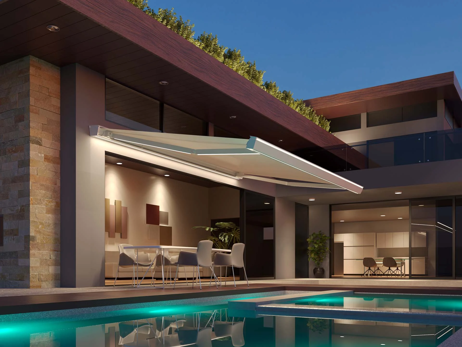 Modernes Haus mit Pool, Essbereich im Freien und einer großen ausfahrbaren Markise in der Abenddämmerung. Modernes Haus mit Pool, Essbereich im Freien und einer großen ausfahrbaren Markise in der Abenddämmerung.